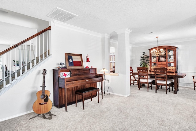 living area featuring crown molding, carpet flooring, visible vents, and a textured ceiling