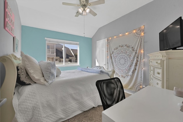 bedroom featuring ceiling fan and vaulted ceiling