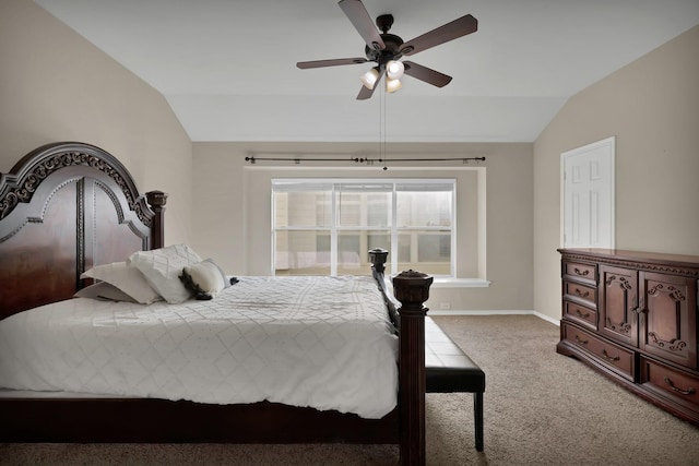 bedroom featuring baseboards, lofted ceiling, ceiling fan, and carpet flooring