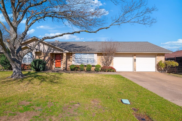 view of front of property featuring a garage, brick siding, concrete driveway, and a front yard