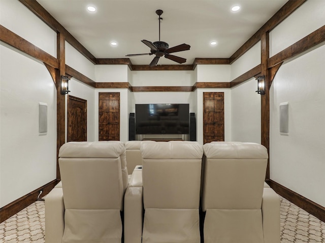 living room featuring recessed lighting, a ceiling fan, baseboards, and carpet floors