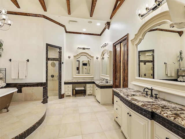 full bathroom with a sink, beam ceiling, a soaking tub, and a shower stall