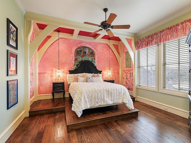 bedroom featuring dark wood-style floors, a ceiling fan, crown molding, and baseboards