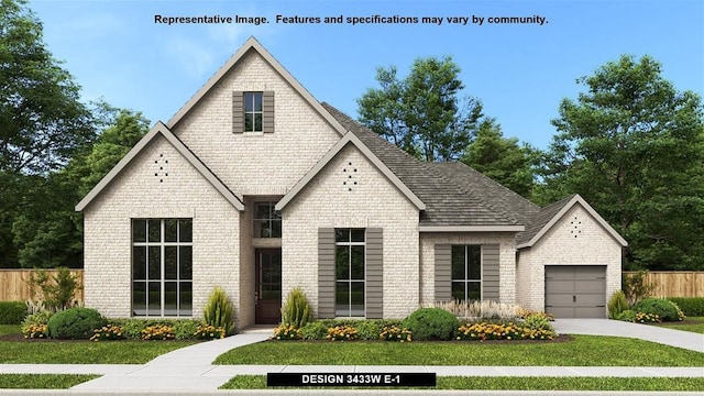 view of front of home featuring fence, roof with shingles, an attached garage, a front lawn, and brick siding