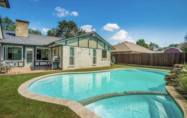 3200 Dover Dr, Plano, TX 75075 - view of swimming pool with a fenced backyard, a pool with connected hot tub, a patio, and a grill