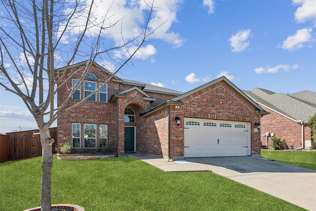 traditional-style home featuring brick siding, an attached garage, driveway, and a front lawn