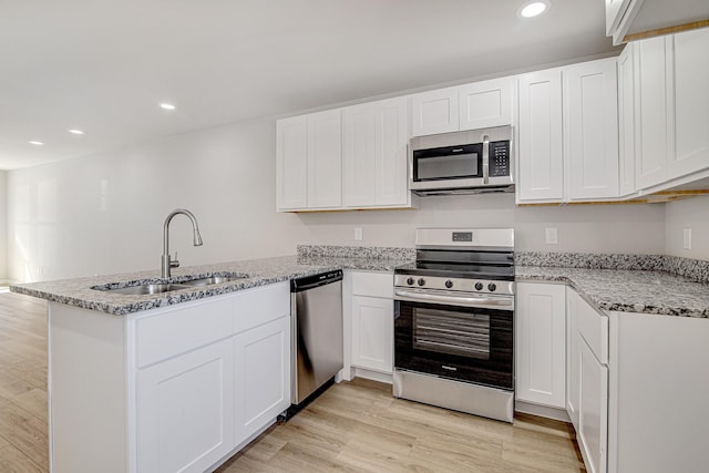 kitchen with light wood finished floors, appliances with stainless steel finishes, a peninsula, white cabinetry, and a sink