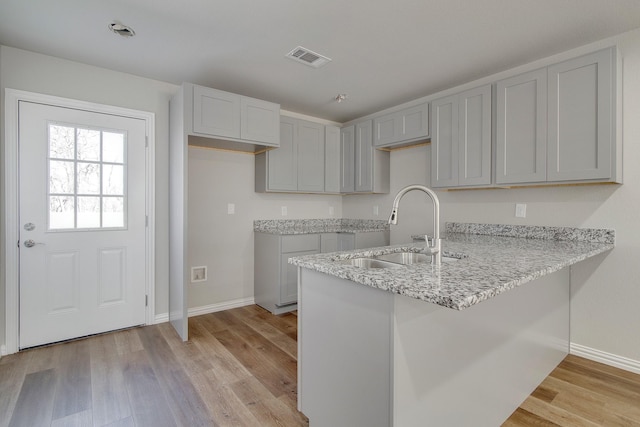 kitchen featuring baseboards, visible vents, a peninsula, a sink, and light wood-type flooring