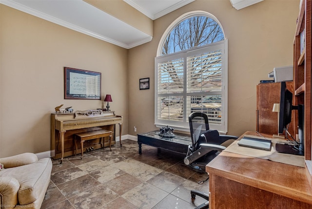 home office with baseboards and ornamental molding