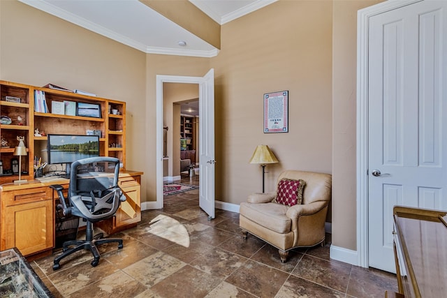 office space with baseboards and crown molding