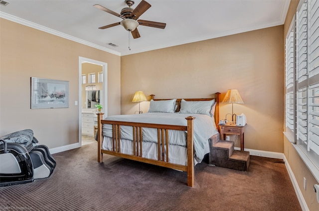 carpeted bedroom with visible vents, baseboards, and ornamental molding