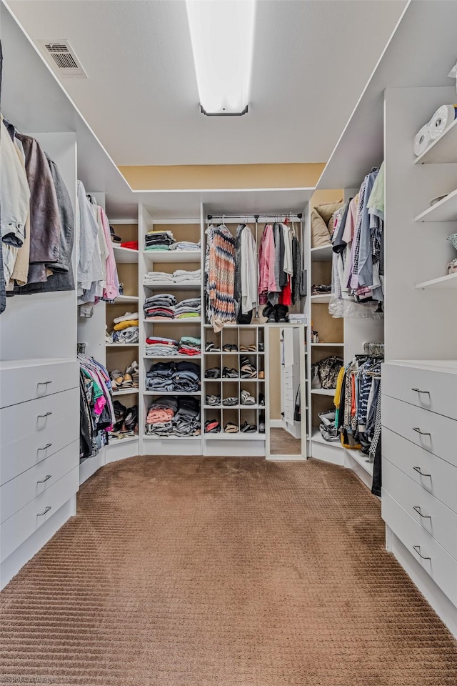 walk in closet featuring visible vents and carpet floors