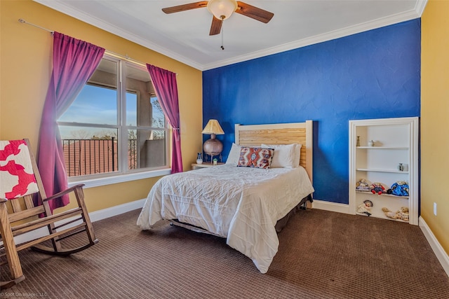 bedroom with carpet flooring, baseboards, and crown molding