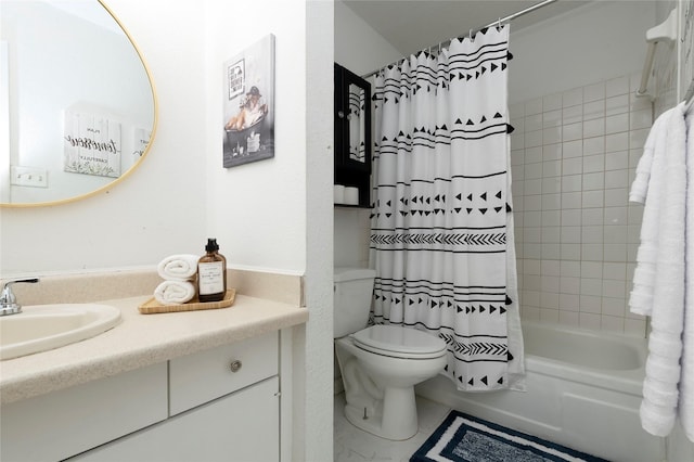 full bathroom with shower / bath combination with curtain, toilet, and vanity