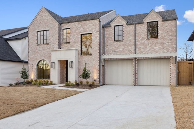 view of front of house featuring brick siding, an attached garage, driveway, and a gate