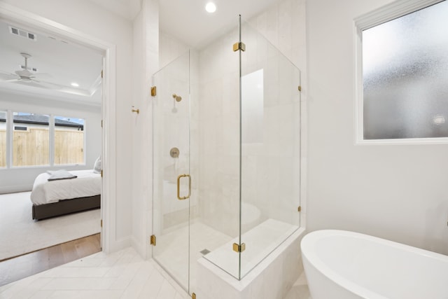 full bathroom with visible vents, connected bathroom, a shower stall, recessed lighting, and a soaking tub