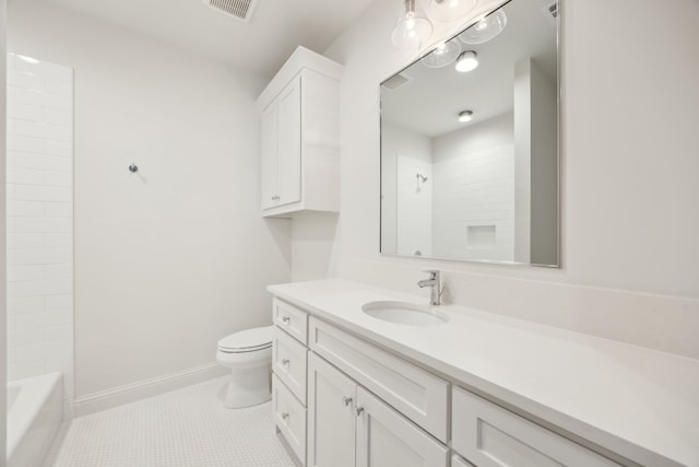 full bathroom featuring visible vents, toilet, tile patterned flooring, baseboards, and vanity