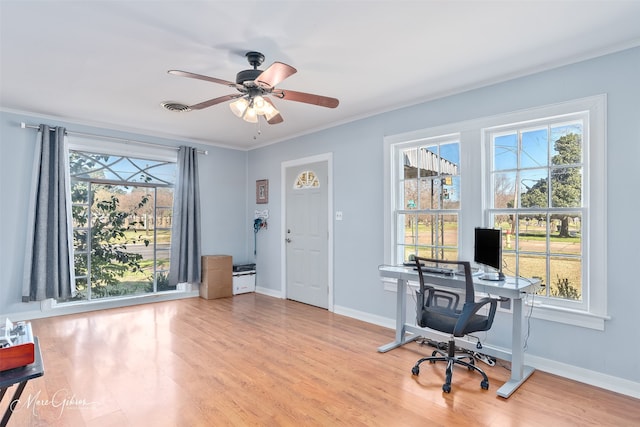 office area featuring visible vents, crown molding, baseboards, ceiling fan, and light wood-style flooring