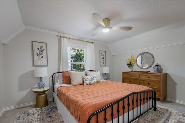 bedroom with lofted ceiling, a ceiling fan, baseboards, and light carpet