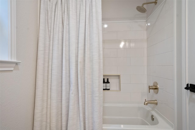 full bath featuring shower / bathtub combination with curtain