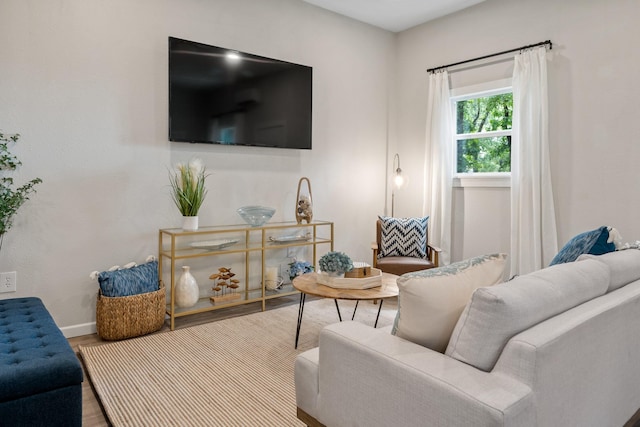 living area with baseboards and wood finished floors