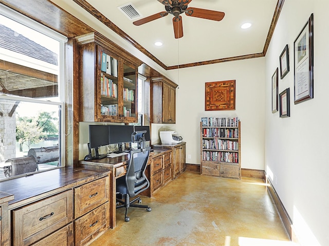 office space featuring visible vents, baseboards, concrete floors, recessed lighting, and ornamental molding