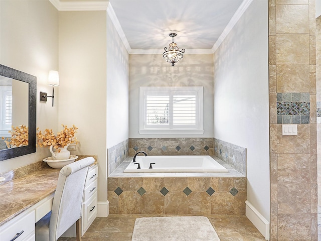 full bathroom with vanity, a healthy amount of sunlight, and ornamental molding