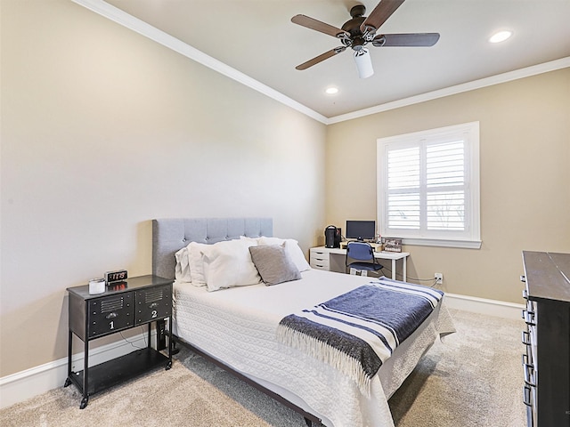 carpeted bedroom with recessed lighting, baseboards, ceiling fan, and crown molding