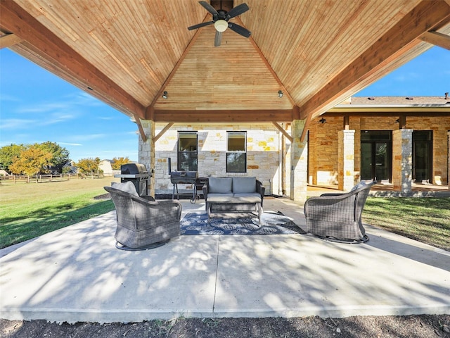 view of patio with a gazebo, an outdoor hangout area, area for grilling, and a ceiling fan