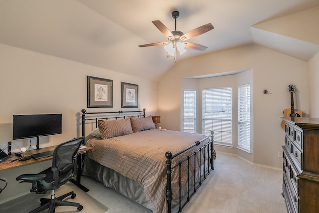 bedroom with light carpet, baseboards, lofted ceiling, and a ceiling fan