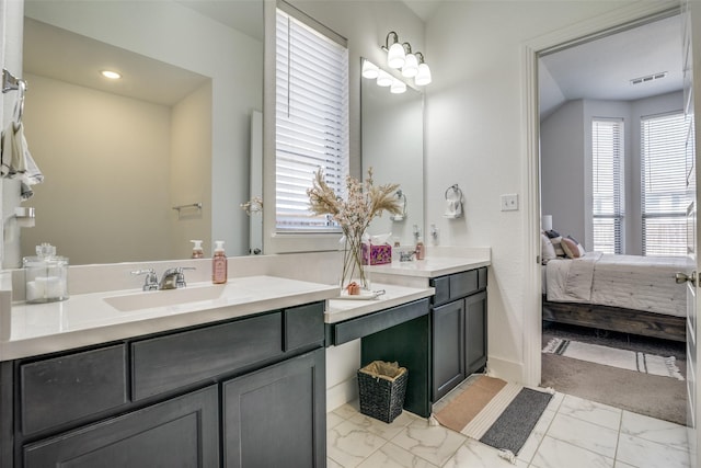 bathroom with ensuite bath, visible vents, marble finish floor, and vanity