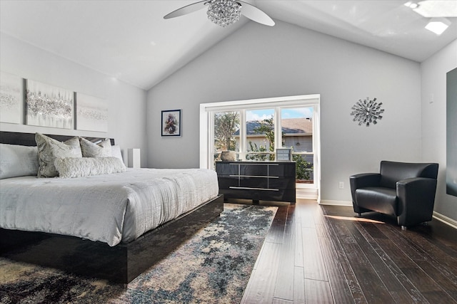 bedroom featuring high vaulted ceiling, a ceiling fan, baseboards, and hardwood / wood-style flooring