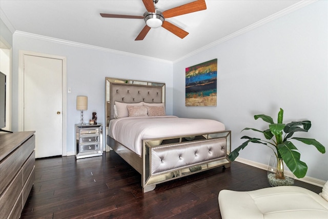 bedroom featuring baseboards, wood finished floors, a ceiling fan, and ornamental molding