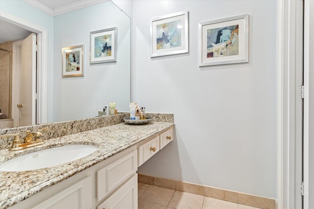 full bath with crown molding, walk in shower, baseboards, tile patterned floors, and vanity