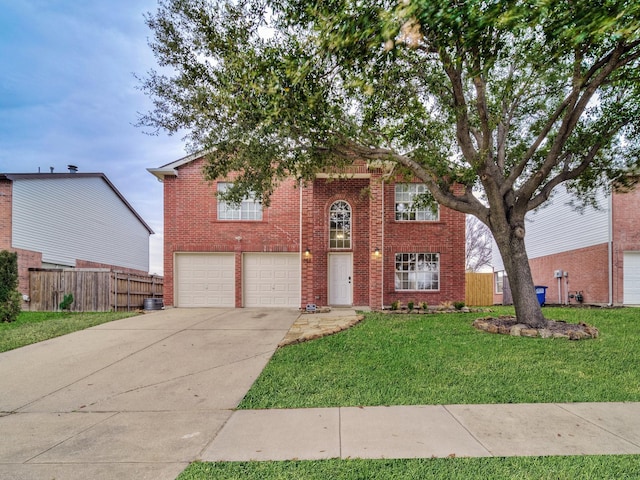 view of front of home featuring fence, an attached garage, concrete driveway, a front lawn, and brick siding