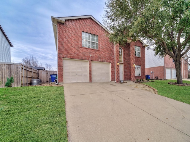 view of front of house featuring a front yard, concrete driveway, and brick siding