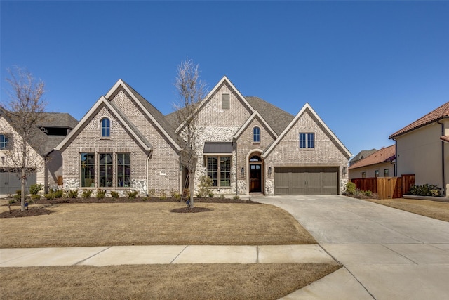 french country inspired facade featuring concrete driveway, an attached garage, fence, and brick siding