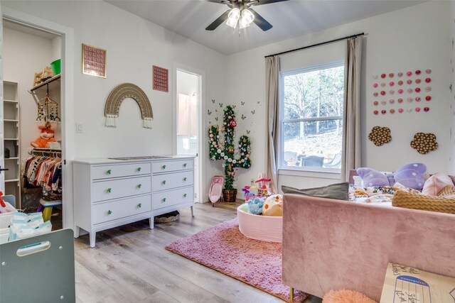 bedroom featuring a walk in closet, light wood-style flooring, and ceiling fan