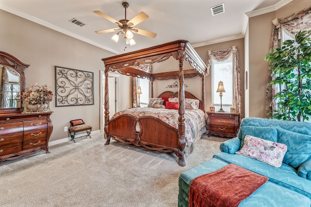 bedroom featuring carpet, visible vents, and ornamental molding