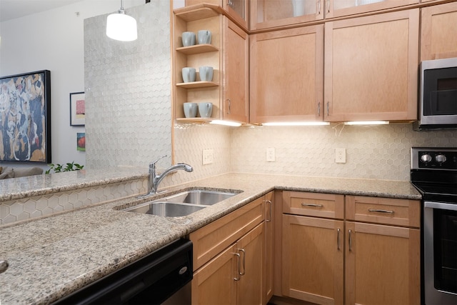 kitchen with a sink, open shelves, stainless steel appliances, decorative backsplash, and light stone countertops