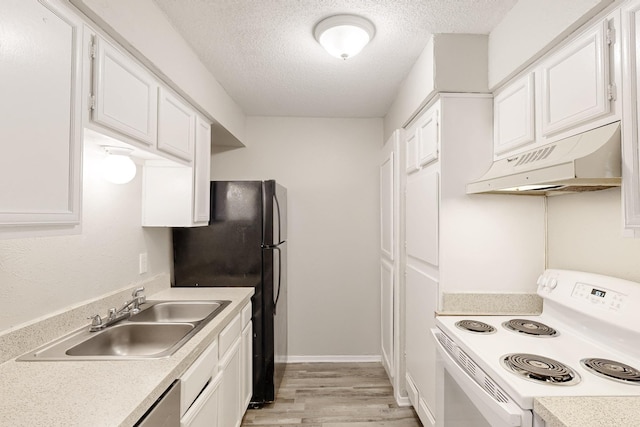 kitchen featuring white range with electric cooktop, under cabinet range hood, a sink, a textured ceiling, and white cabinets