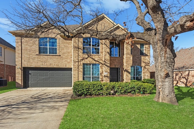 view of front of home with brick siding, a garage, concrete driveway, and a front lawn