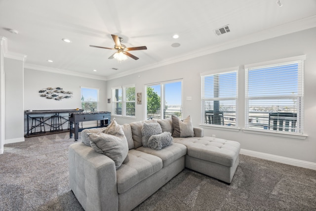 carpeted living room with a ceiling fan, baseboards, visible vents, recessed lighting, and crown molding