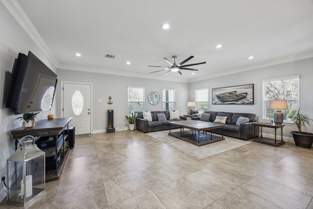 living room with visible vents, recessed lighting, crown molding, and baseboards