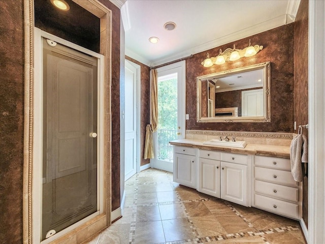 full bathroom with vanity and ornamental molding