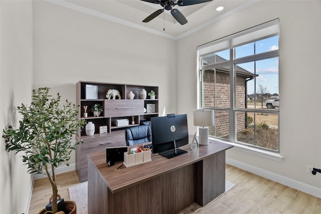 office space featuring a wealth of natural light, baseboards, light wood-style flooring, and crown molding