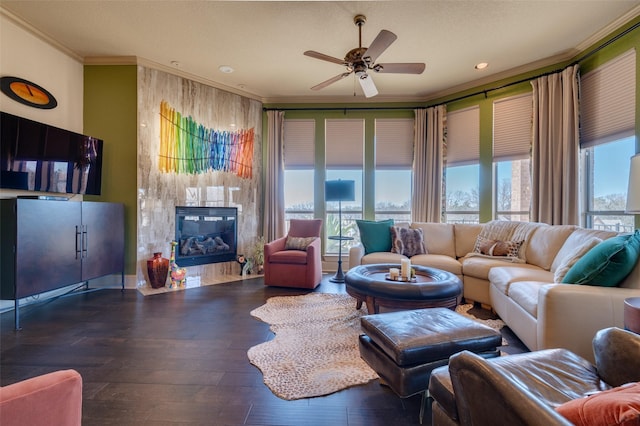 living area with ceiling fan, a premium fireplace, wood finished floors, and crown molding