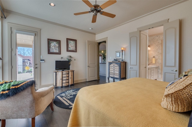 bedroom featuring baseboards, dark wood-style flooring, ornamental molding, ensuite bathroom, and access to outside