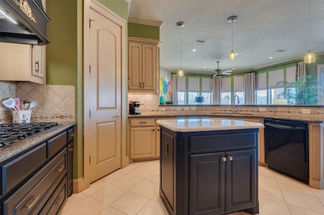 kitchen featuring a kitchen island, a sink, black appliances, under cabinet range hood, and decorative light fixtures