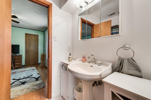 bathroom featuring visible vents, a sink, and wood finished floors